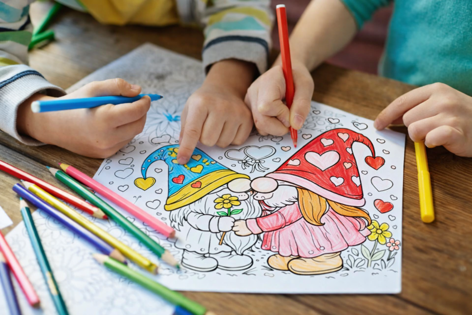 Adulto coloreando libro de gnomos San Valentín