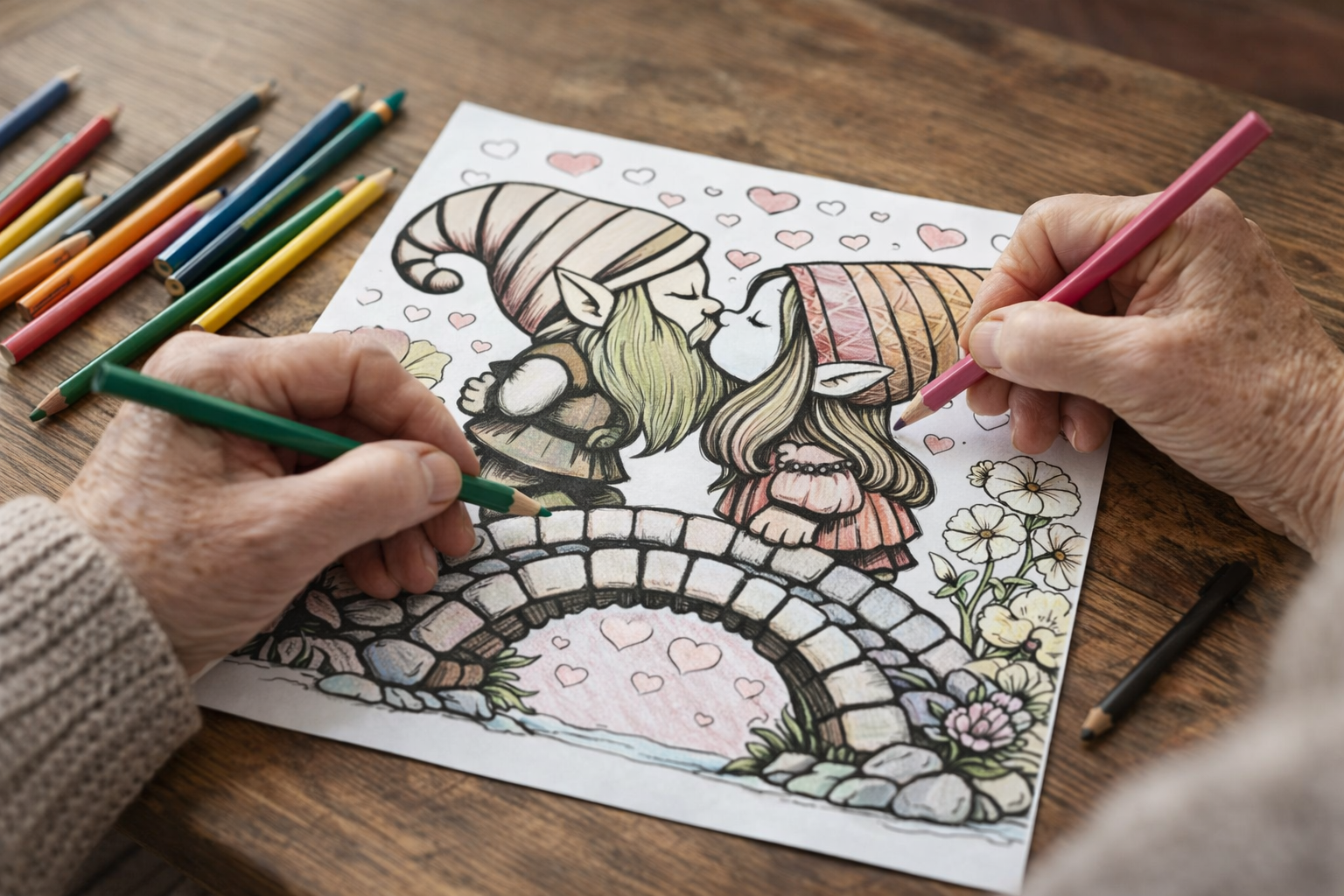 Pareja coloreando Gnomos de San Valentín