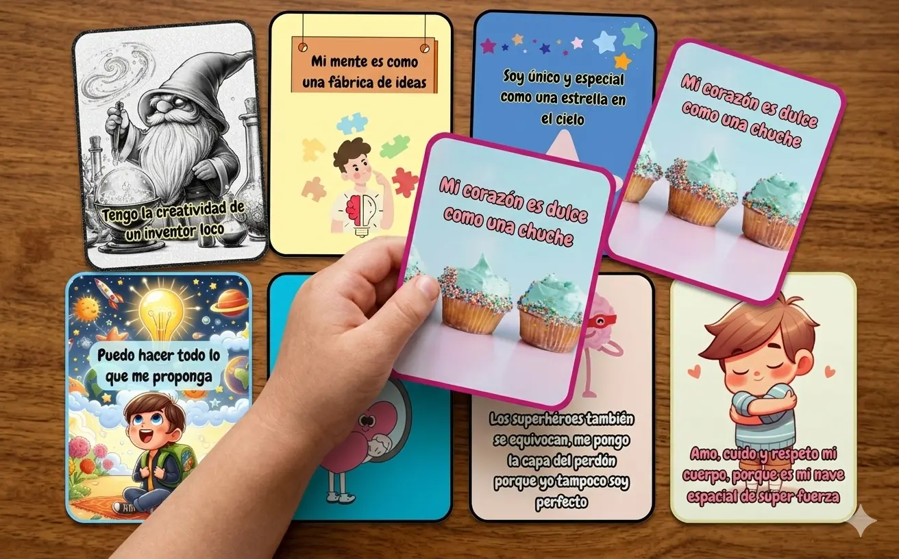 Niño usando las tarjetas afirmativas