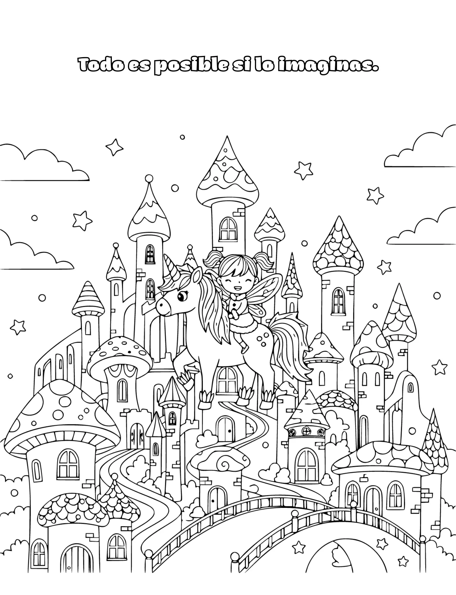 chica en unicornio y castillo flotante